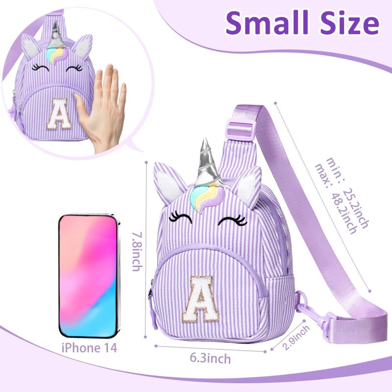 COSHAYSOO Purple Unicorn Little Girl Purse Easter Basket Stuffers Birthday Gifts for 2 3 4 5 6 7 8 Year Old Girls, Personalized Kids Initial Crossbody Sling Bag Cute Spring Break Essentials Letter A - Image 3