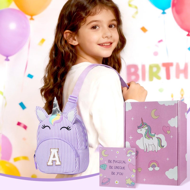 COSHAYSOO Purple Unicorn Little Girl Purse Easter Basket Stuffers Birthday Gifts for 2 3 4 5 6 7 8 Year Old Girls, Personalized Kids Initial Crossbody Sling Bag Cute Spring Break Essentials Letter A - Image 2