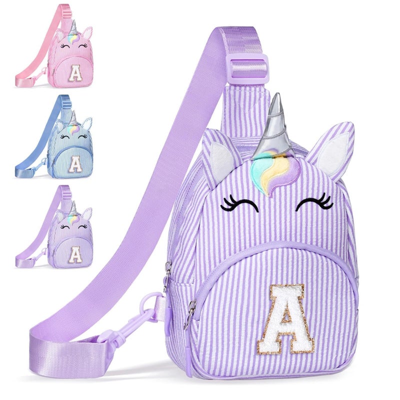 COSHAYSOO Purple Unicorn Little Girl Purse Easter Basket Stuffers Birthday Gifts for 2 3 4 5 6 7 8 Year Old Girls, Personalized Kids Initial Crossbody Sling Bag Cute Spring Break Essentials Letter A - Image 1