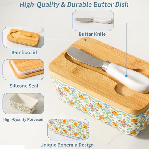 Howise Butter Dish with Lid, Large Butter Dish for Countertop, Ceramic Butter Keeper Container with Knife and Silicone Sealing Butter Box for Home Decor Good Kitchen Gift RetroA - Image 2