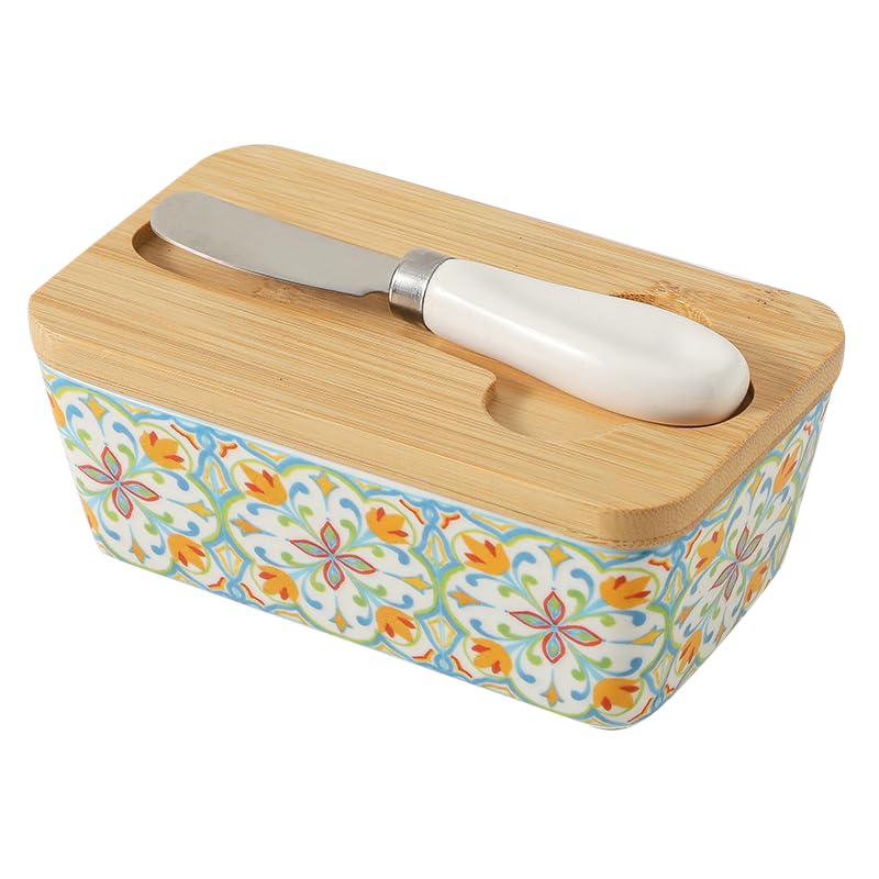 Howise Butter Dish with Lid, Large Butter Dish for Countertop, Ceramic Butter Keeper Container with Knife and Silicone Sealing Butter Box for Home Decor Good Kitchen Gift RetroA - Image 1
