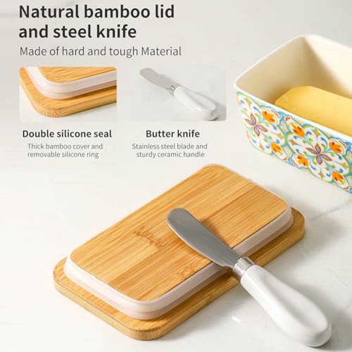 Howise Butter Dish with Lid, Large Butter Dish for Countertop, Ceramic Butter Keeper Container with Knife and Silicone Sealing Butter Box for Home Decor Good Kitchen Gift RetroA - Image 4