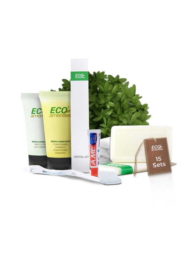 ECO Amenities 4-Piece All-In-Kit Travel Size Toiletries 60Pcs (15 Toiletry Kits) Hotel Soap, Body Lotion, Mini Size Shampoo And Conditioner 2 In 1 And Disposable Travel Toothbrush Set With Toothpaste - Image 1
