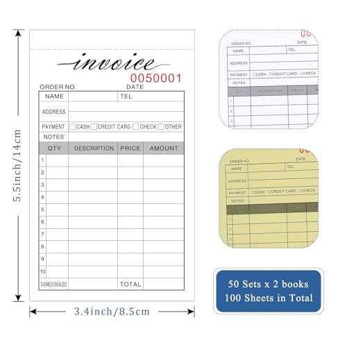 Homvle Invoice Receipt Book, 3.4x5.5" Handheld 2-Part Carbonless Sales Invoice Book, Invoice Pad with Cardboard for Small Boutique Business, (50 Sets * 2 Pack) - Image 2