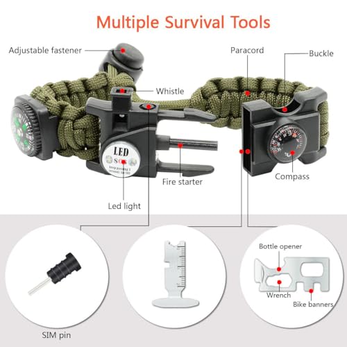 NVioAsport 20 in 1 Paracord Bracelet, Adjustable Gear Kit with SOS LED Light, Fire Starter, Bigger Compass, Survival Whistle, Perfect for Camping, Hiking, Fishing, Survival Bracelet - Image 2
