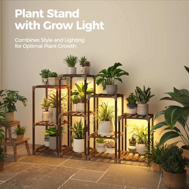 Bamworld Plant Stands with Grow Light Indoor 4 Sets Plant Shelves Outdoor Wooden Plant Holder for Multiple Plants Flower Stands Window Warm Light - Image 3