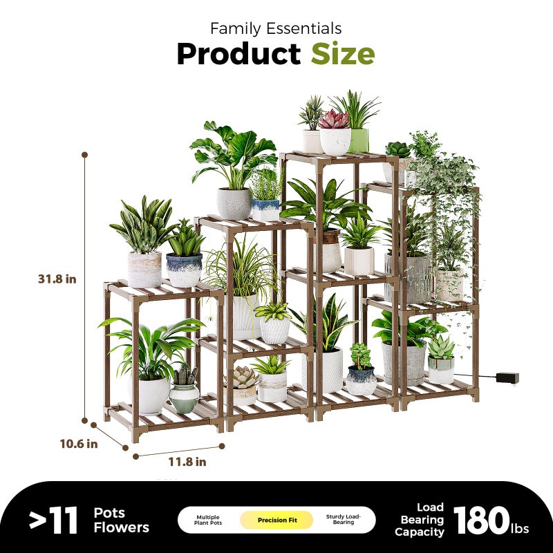 Bamworld Plant Stands with Grow Light Indoor 4 Sets Plant Shelves Outdoor Wooden Plant Holder for Multiple Plants Flower Stands Window Warm Light - Image 2