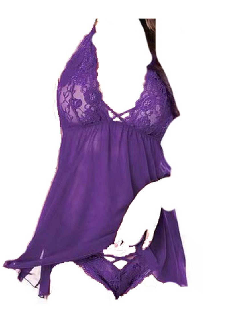 Soft Lace Backless Halter V Neck Mini Night Dress And Briefs 