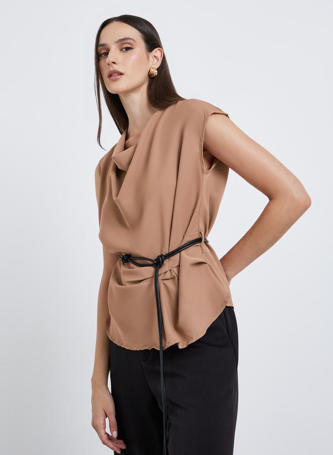 Styli Draped Details Sleeveless Blouse with Tie up Belt - Image 1