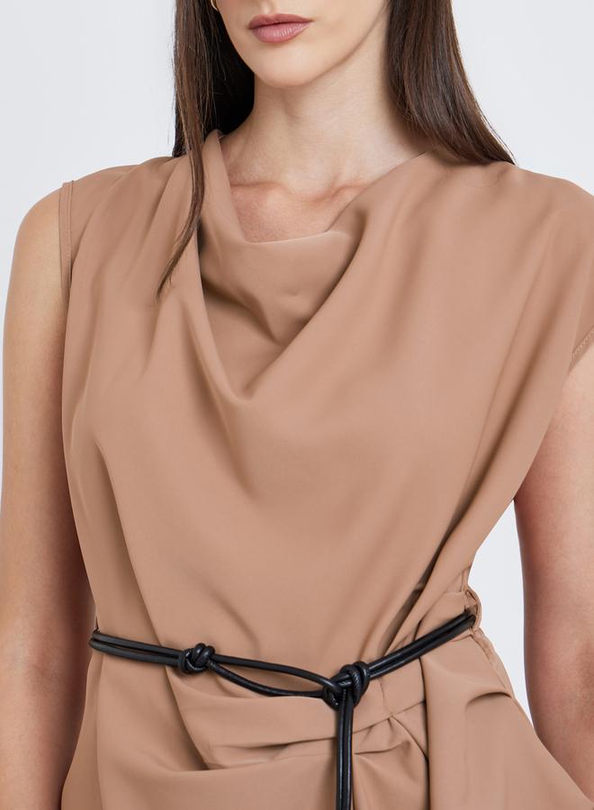 Styli Draped Details Sleeveless Blouse with Tie up Belt - Image 3