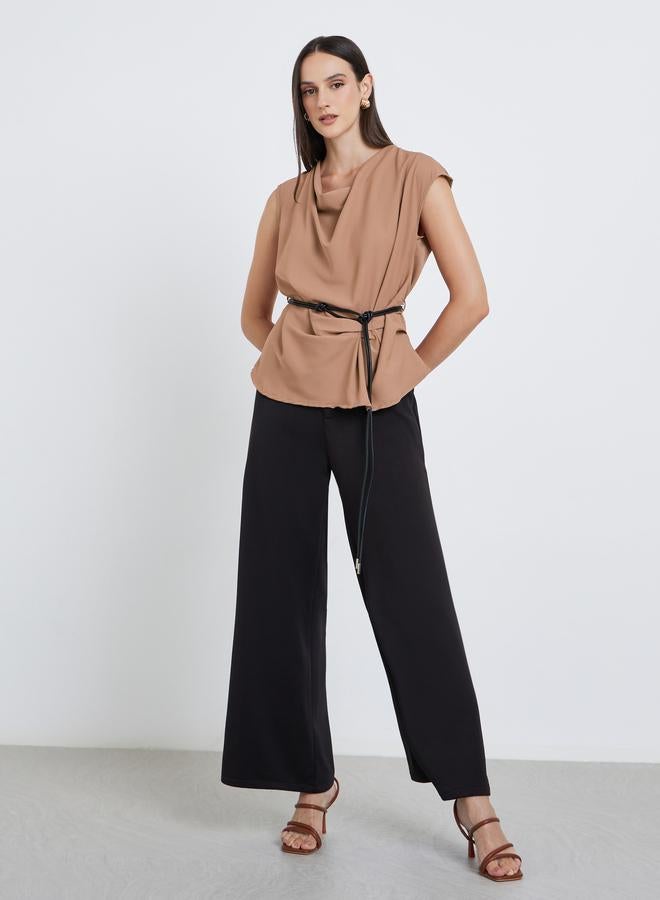 Styli Draped Details Sleeveless Blouse with Tie up Belt - Image 2