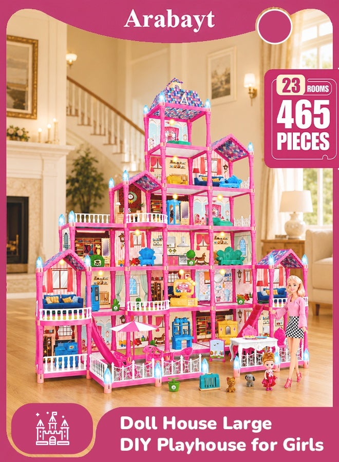 Arabayt Doll House, 6 Stories 23 Rooms Dollhouse for Girls with 2 Dolls Furniture & Accessories, Dream House Dollhouses Gifts for Girls, Doll House Playhouse Toys for 6-12 Year Old Girls (465PCS) - Image 1