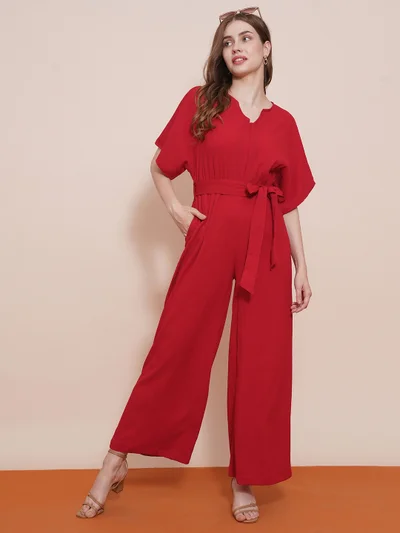 globus Women Round Neck With V Cut Kimono Sleeves Waist Tie-Up Longline Jumpsuit