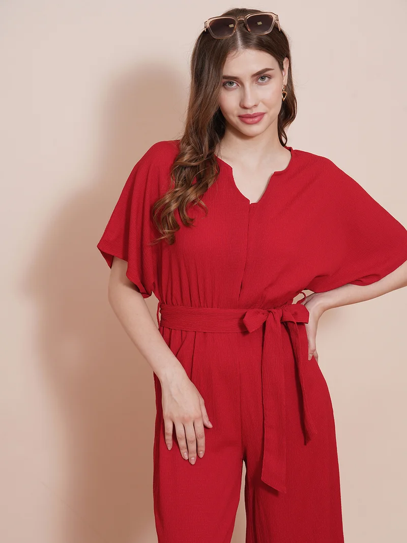 globus Women Round Neck With V Cut Kimono Sleeves Waist Tie-Up Longline Jumpsuit