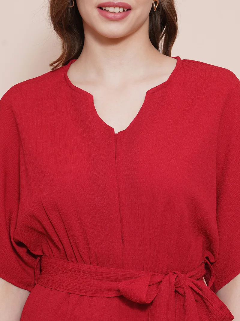 globus Women Round Neck With V Cut Kimono Sleeves Waist Tie-Up Longline Jumpsuit