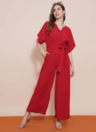globus Globus Women Round Neck With V Cut Kimono Sleeves Waist Tie-Up Longline Jumpsuit