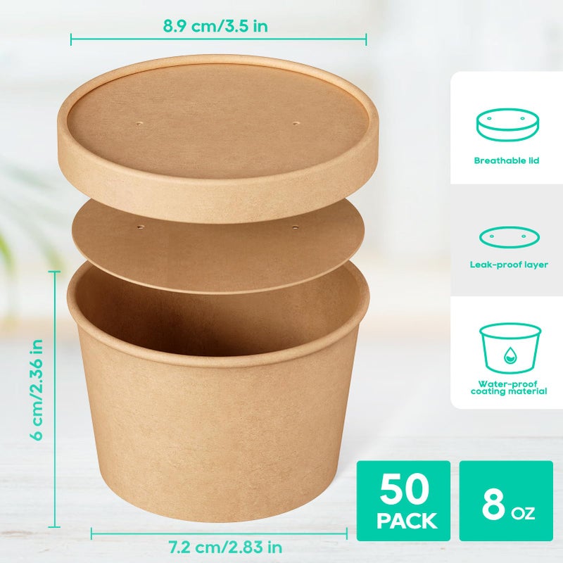 JOLLY PARTY 50pack 8oz Paper Soup Containers with Lids, Disposable Paper Food Cups, Ice Cream Cups, Food Storage with Lids, Microwavable and Freezer Safe, Suitable for Christmas Thanksgiving (Brown) - Image 2