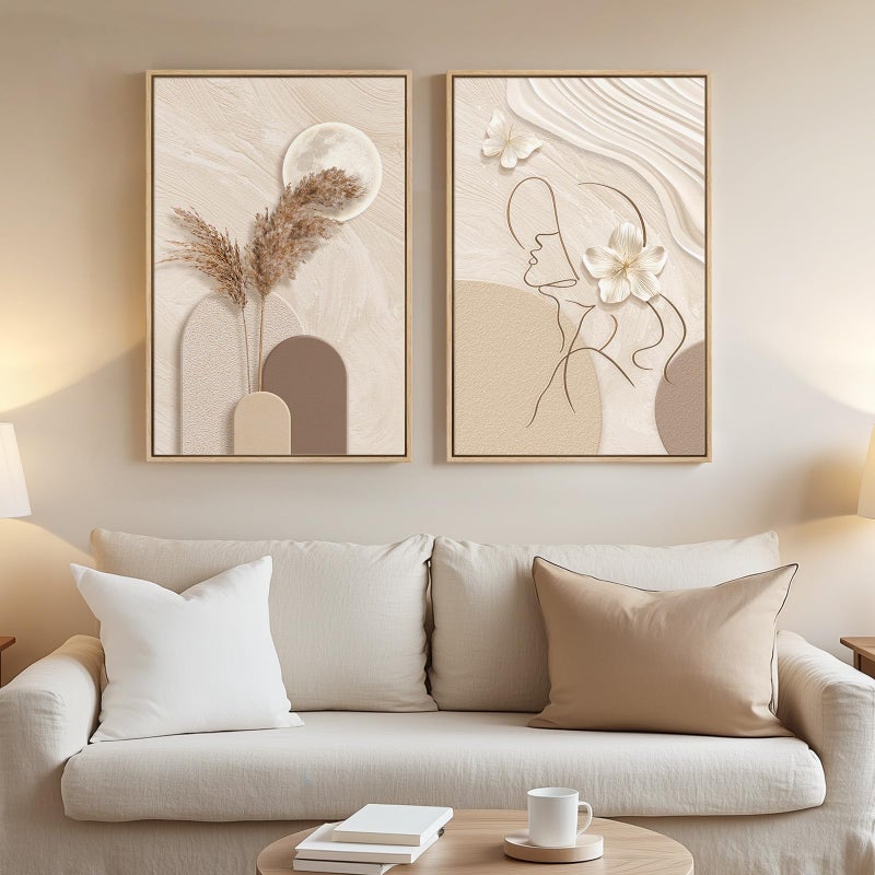 Cuspin Framed Neutral Abstract Wall Art, Set of 2 Tan and Cream Beige Canvas Prints Paintings Artwork for Walls, Woman Silhouette Pictures for Living Room Dining Room Bedroom Office Wall Decor 16x24 Inch - Image 1