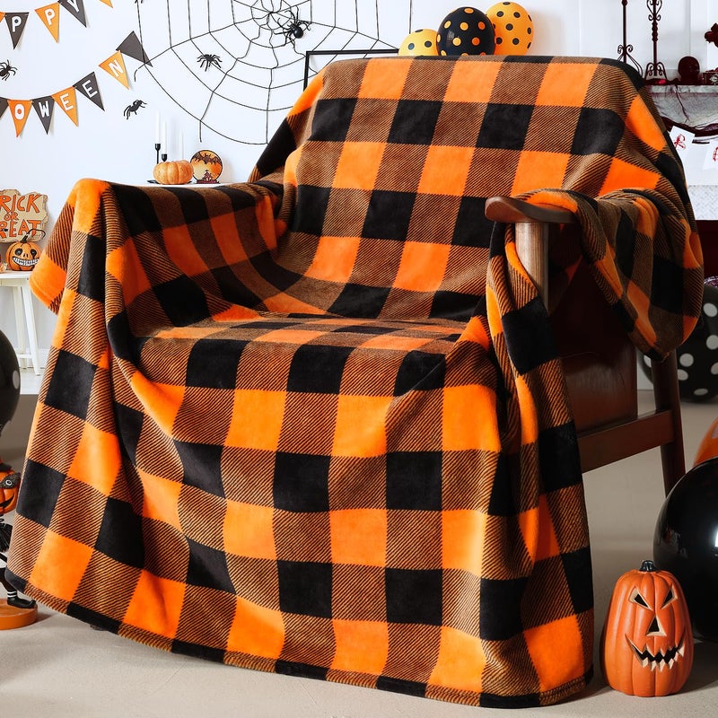 Touchat Halloween Blanket Fleece Throw Blankets Buffalo Plaid Throw Blanket for Couch Sofa Bed Soft Warm Fuzzy Cozy Plush Checkered Blanket Farmhouse Fall Decor Orange and Black