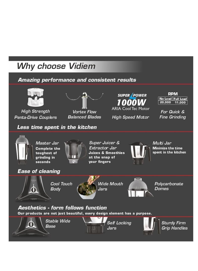 VIDIEM Vidiem mixer grinder 618 A VSTAR 1000 watt (Black) with three leakproof jars and 1 juicer mixer grinder, self-lock for wet and dry spices, chutneys and curries  - Image 2