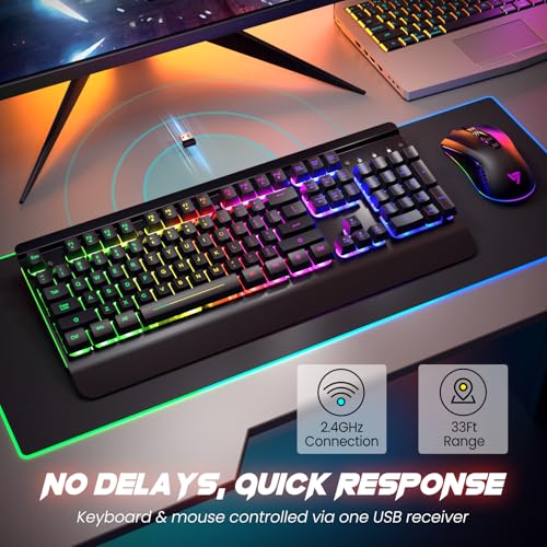 RisoPhy Wireless Gaming Keyboard and Mouse Combo Metal Panel 7 Color Backlits Rechargeable 3200 mAh Battery Wrist Rest Sleep Mode Light Up Keyboard 7D 3200DPI Gaming Mice for PC Gamer - Image 3