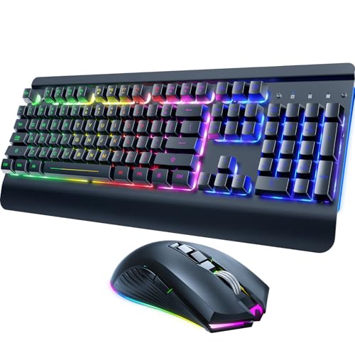 RisoPhy Wireless Gaming Keyboard and Mouse Combo Metal Panel 7 Color Backlits Rechargeable 3200 mAh Battery Wrist Rest Sleep Mode Light Up Keyboard 7D 3200DPI Gaming Mice for PC Gamer - Image 1