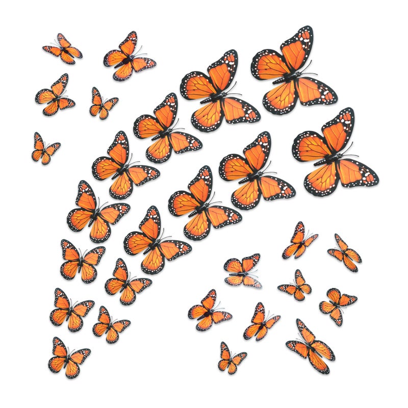 HSONAIGEE 32 Monarch Butterfly Decor Assorted 4 Sizes 3D Halloween Butterfly Wall Decal for Crafts Dia De Los Muertos Decoration Ofrenda for Altar Wall Table Bedroom Decorations