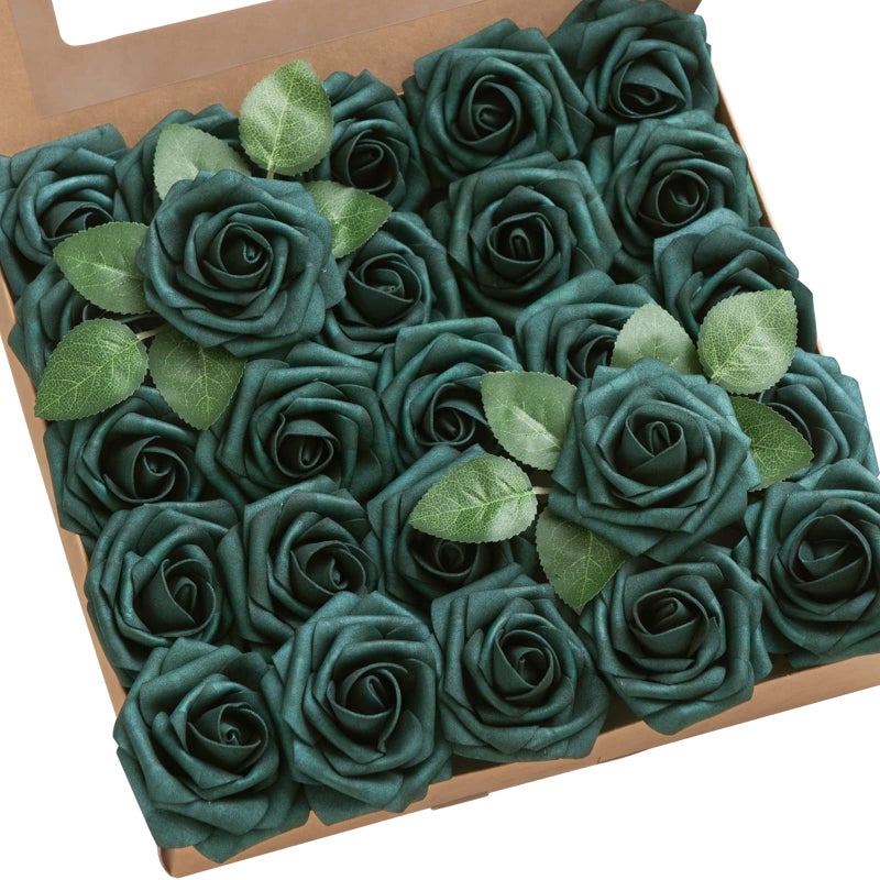 Ling's moment Lings Moment Artificial Flowers 25Pcs Peacock Green Roses Decor wStems3 Real Touch DIY Foam Floral for Wedding BouquetCenterpieces Outdoors Party Backdrop RoomTable and GardenPot Decorations 