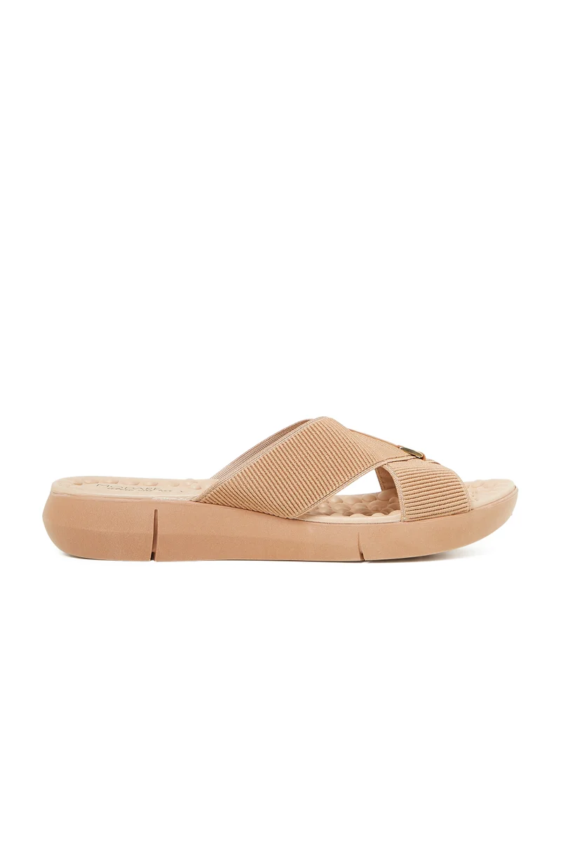MODARE MODARE Flat Sandals for Ladies – TAN Sandals with Slip On | Comfortable PU Upper & TPR Sole