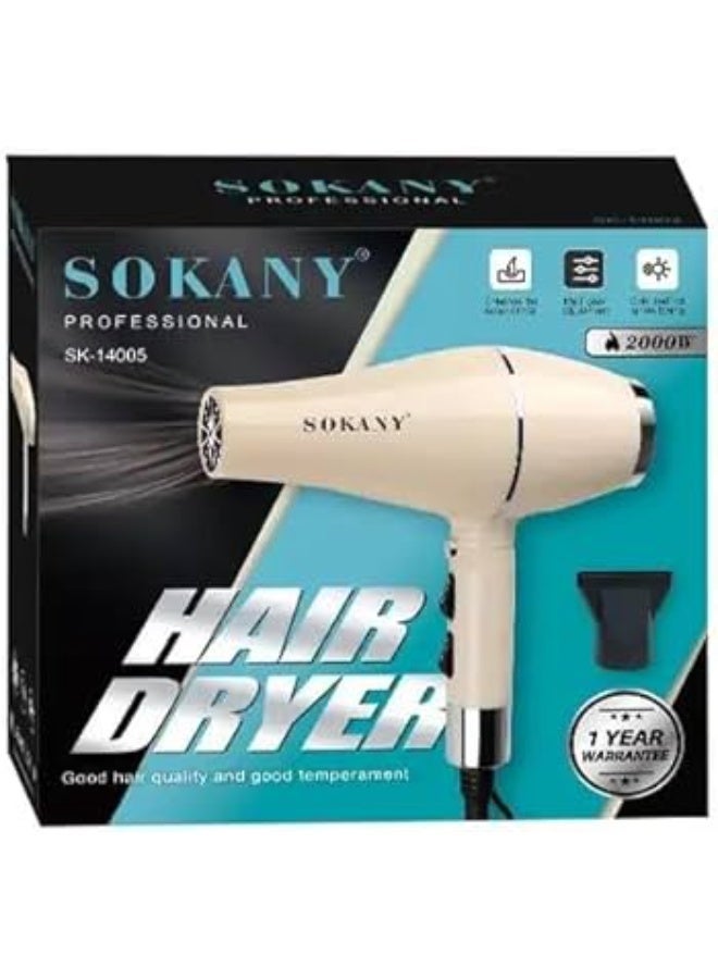 sokany SK-14005 2000W Professional Hair Dryer – Powerful Fast Drying Blow Dryer with 2 Speed & Heat Settings, Lightweight Ergonomic Design, Concentrator Nozzle, Suitable for All Hair Types, Portable Personal & Salon Styling, Original - Image 2