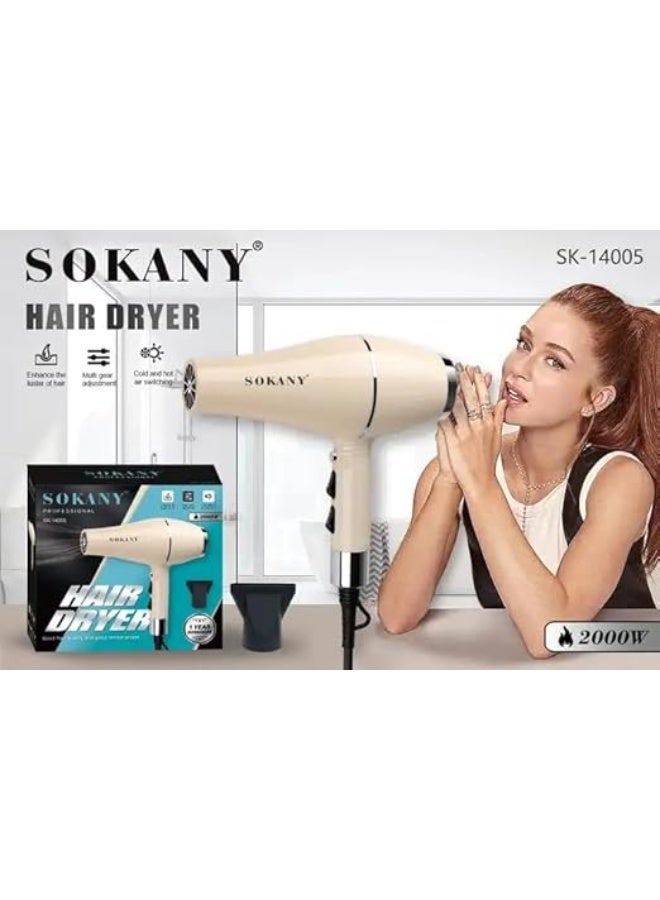sokany SK-14005 2000W Professional Hair Dryer – Powerful Fast Drying Blow Dryer with 2 Speed & Heat Settings, Lightweight Ergonomic Design, Concentrator Nozzle, Suitable for All Hair Types, Portable Personal & Salon Styling, Original - Image 3