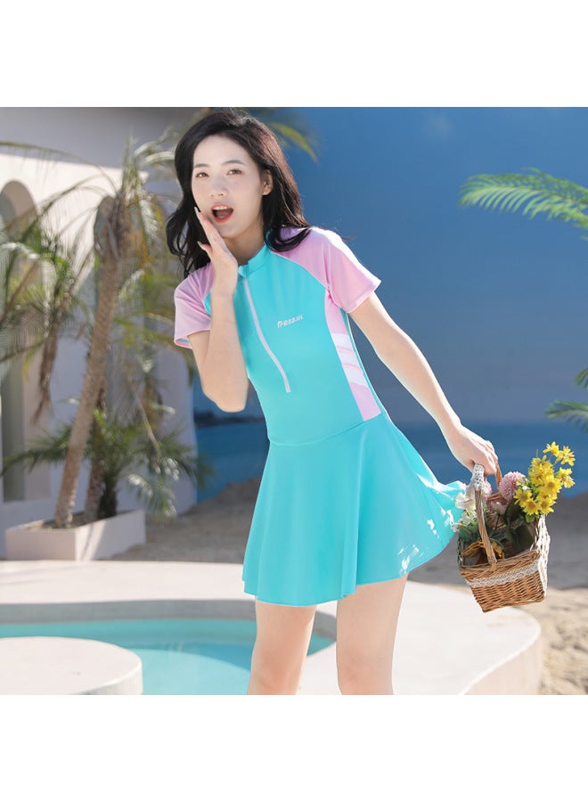 Loquat Swimsuit Parent-child One-piece Swimsuit Quick-drying Sun Protection Swimsuit Women's Meat Covering Plus Size Swimsuit Conservative Parent-child Children's Swimsuit-Color:Light Blue For Children- - Image 5