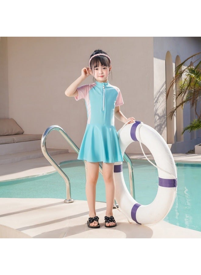 Loquat Swimsuit Parent-child One-piece Swimsuit Quick-drying Sun Protection Swimsuit Women's Meat Covering Plus Size Swimsuit Conservative Parent-child Children's Swimsuit-Color:Light Blue For Children- - Image 1