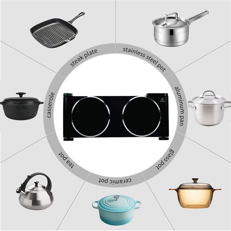 CUSIMAX Infrared Hot Plate 1200W+1200W Double Ceramic Plate Electric Stove for Cooking, Dual independent temperature Cooktop Burner, Compatible for All Cookwares, Black - Image 2