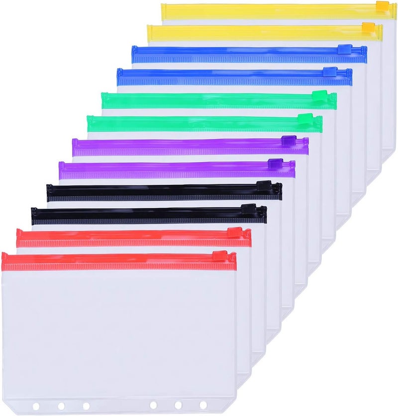Antner 12PCS A5 Binder Pockets 6-Hole Budget Cash Envelopes for A5 6-Ring Binder, Multicolor Zipper Pouches for Planner Inserts, Money Organizer Bags Savings Challenge Envelopes for Cash Stuffing - Image 1