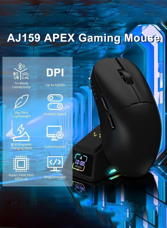 إيه جاز ماوس الألعاب AJ159 APEX ثلاثي الوضع، ماوس ألعاب لاسلكي بسرعة 8K، دقة تصل إلى 42K نقطة في البوصة، وزن 56 جرام خفيف للغاية، قاعدة شحن مغناطيسية مع شاشة TFT، مستشعر Pixart PAW3395، مفتاح HUANO بقدرة 100 مليون نقرة، ماوس ثلاثي الوضع، للكمبيوتر/MAC، أسود. - Image 2