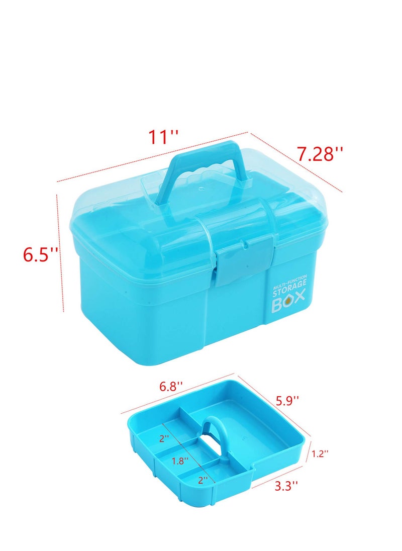 11inches Clear Plastic Craft Organiser, Sewing Box Organiser with Removable Tray, Organiser with Handle, Light Blue