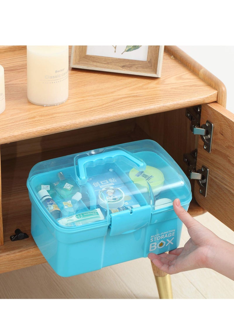 11inches Clear Plastic Craft Organiser, Sewing Box Organiser with Removable Tray, Organiser with Handle, Light Blue