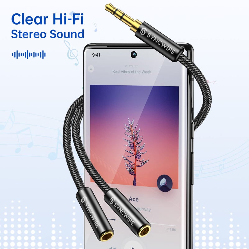 Syncwire Headphone Splitter, Nylon-Braided Extension Cable Audio Stereo Y Splitter (Hi-Fi Sound), 3.5mm Male To 2 Ports 3.5mm Female Headset Splitter for Phone, PS4, Switch, Tablets & More - Image 2