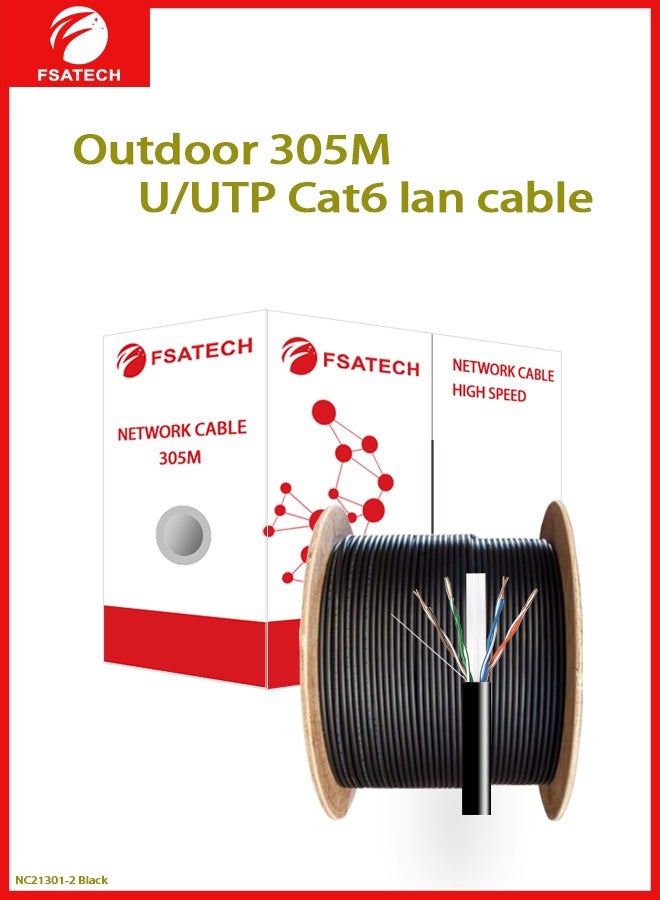 FSATECH كابل شبكة خارجي NC21301-2 فئة 6 305 متر/أسطوانة 23AWG نحاس كامل 305 متر مقاوم للماء ومقاوم للأشعة فوق البنفسجية عالي الجودة للاتصالات والكاميرات ومركز البيانات وما إلى ذلك - Image 1