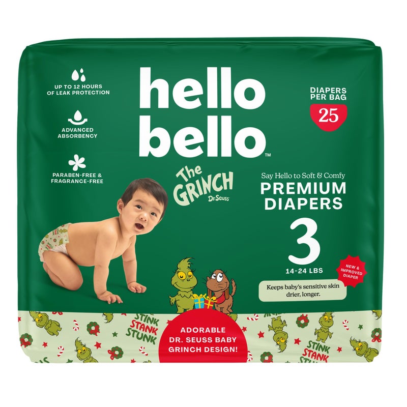 Hello Bello Diapers, Size 3 (14-24 lbs) Dr. Seuss Baby Grinch - 25 Count of Premium Disposable Baby Diapers, Hypoallergenic with Soft, Cloth-Like Feel - Image 1