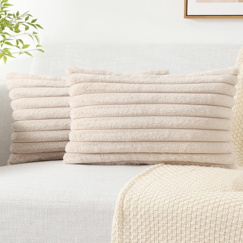 Pallene Faux Fur Plush Lumbar Throw Pillow Covers 12x20 Set of 2, Luxury Soft Fluffy Striped Decorative Pillow Covers for Sofa, Couch, Living Room, Apricot - Image 1