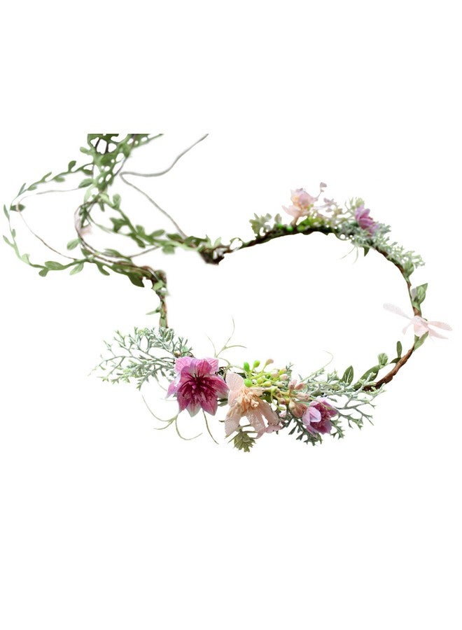 LLinfflr Vine Flower Crown Boho Flower Headband Hair Wreath Floral Halo Headpiece With Ribbon Wedding Party Photos Rosy - Image 1