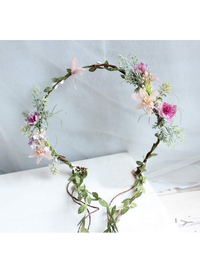 LLinfflr Vine Flower Crown Boho Flower Headband Hair Wreath Floral Halo Headpiece With Ribbon Wedding Party Photos Rosy - Image 5