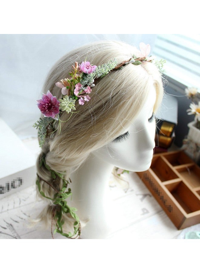 LLinfflr Vine Flower Crown Boho Flower Headband Hair Wreath Floral Halo Headpiece With Ribbon Wedding Party Photos Rosy - Image 3