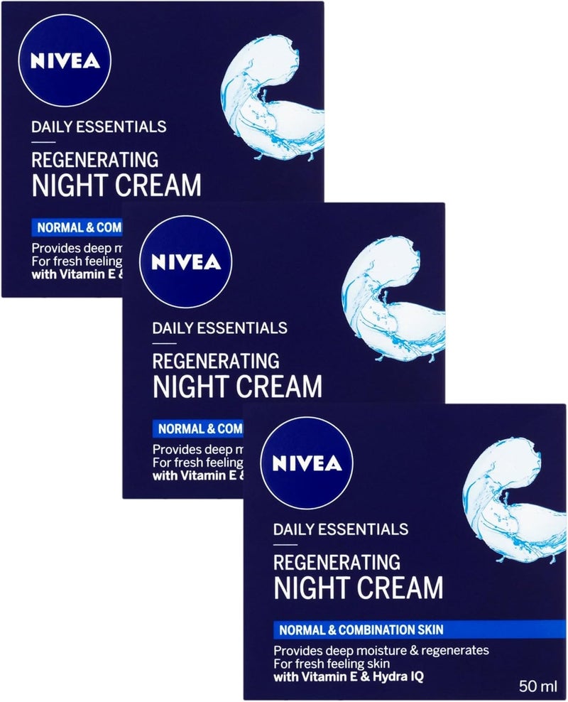 NIVEA Moisturising Night Cream 50ml 24 Hour Overnight Moisturising Cream for Normal Skin With Pro Vitamin B5 and Vitamin E for Enhanced Skin Care at Night Pack of 3