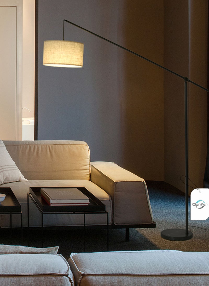 Glanfen - Arc Floor Lamp, Overhang Cantilever Standing Floor Lamp for Couch, Sofa, Reading, Living Room, Bedroom, Adjustable Balance Arm, Natural Linen Drum Shade, Matt Black Metal Pole, Foot Switch - Image 1