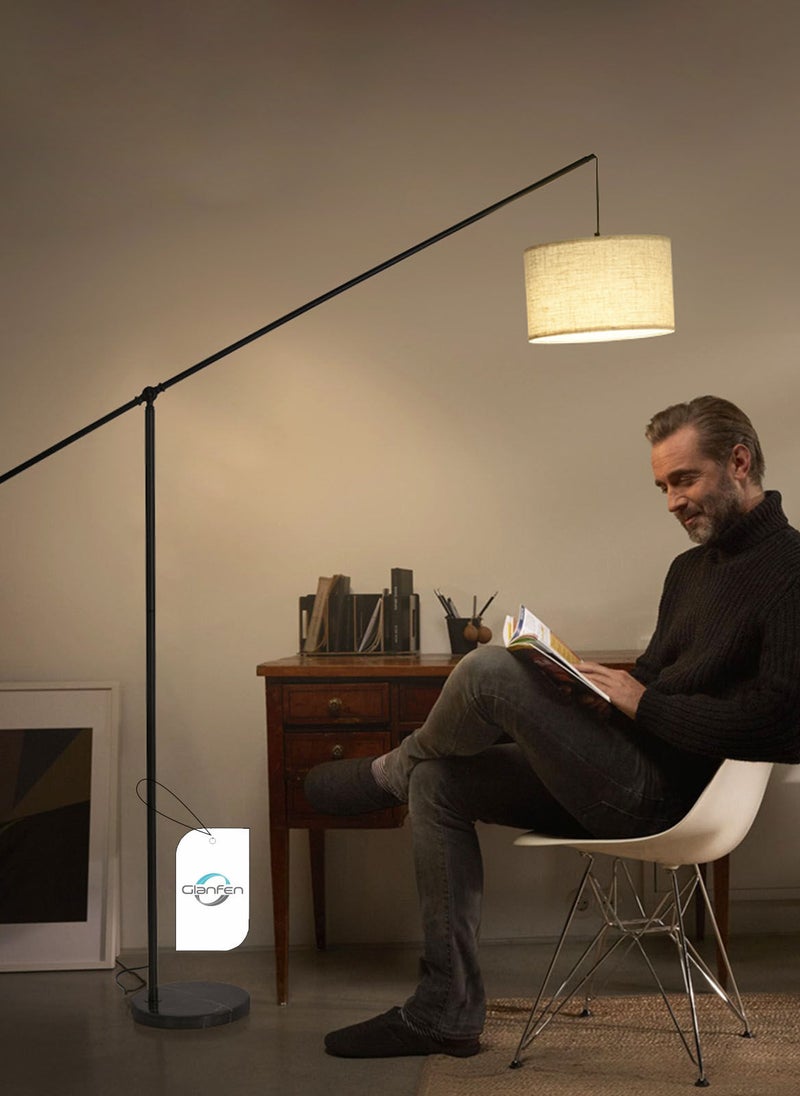 Glanfen - Arc Floor Lamp, Overhang Cantilever Standing Floor Lamp for Couch, Sofa, Reading, Living Room, Bedroom, Adjustable Balance Arm, Natural Linen Drum Shade, Matt Black Metal Pole, Foot Switch - Image 1