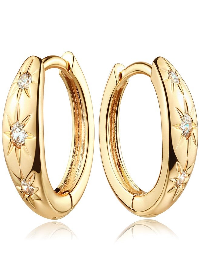 MEVECCO Gold Starburst Huggie Hoop Earrings 18K Gold Plated Chunky Dainty Ear Cute Small Sleeper Celestial CZ Mini Starburst Huggie Earring Tiny Minimalist Star Thick Round Hoop Earrings for Women - Image 1