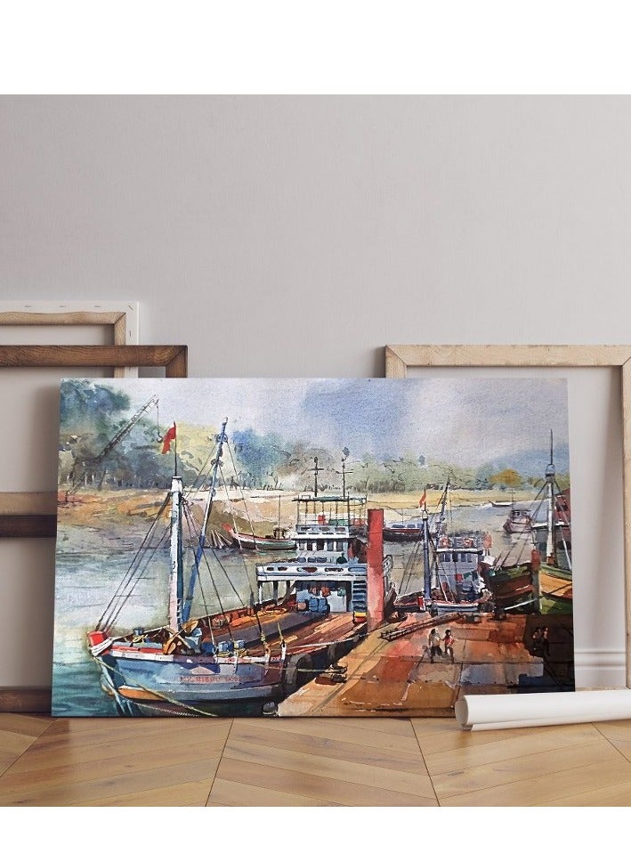 هوم جاليري لوحة فنية جدارية من القماش الكانفاس مطبوعة بالألوان المائية على شكل قوارب صيد - Image 2